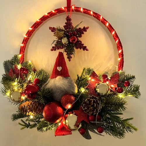 Dekokranz, Türkranz für Weihnachten mit LED Lichterkette, Timer, Weihnachtskugeln und 2 Tannenbäumen - für außen geeignet