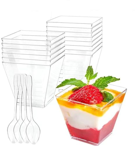 LSRVNM Pack of 30 Dessert Cups and 30 Spoons, 30 lids, Reusable Plastic Square Dessert Cups Set for Cheesecake Pudding Jelly Mousse Ice Iream(5 x 4.5cm)