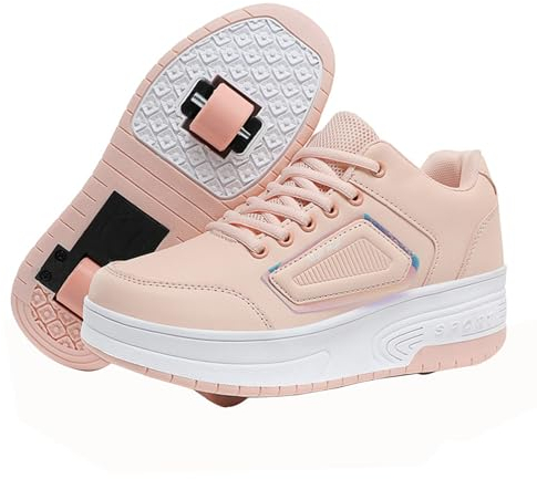 Mateju Schuhe mit Rollen für Jungen Mädchen, Kinder Rollschuhe Schuhe mit Rollen, Mode Outdoor Turnschuhe Versenkbarer, 2-in-1 Roller Schuhe Turnschuhe Skateboardschuhe 35 EU Rosa