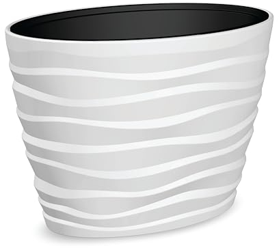 Tecnokit Plana vaso ovale alto Bora, in polipropilene, fioriera da esterno, sottovaso estraibile con maniglie incluso, vaso per piante, superficie ondulata, dimensioni cm 60x39x58 (BIANCO)