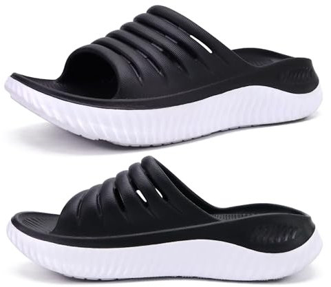 KuaiLu Sandales de Récupération Femmesable Orthopediques Fasciite Plantaire Soutien Voûte Plantaire Claquettes été Plage Piscine Bout Ouvert Legere Sport Sandalette Antidérapante Noir et blanc 41
