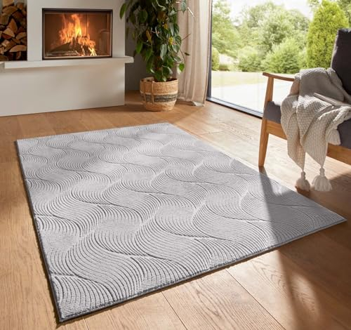 Taracarpet Kurzflor Boho Skandi Polyester Teppich in 3D Optik waschbar, pflegeleicht und robust ideal fürs Wohnzimmer, Schlafzimmer und Kinderzimmer auch als Badematte Grau Düne 060x120 cm