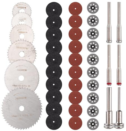 42pcs Cutting Discs for Dremel Rotary Tool, 10pcs 545 Diamond Cutting Wheels, 20pcs Resin Cutting Discs, 6pcs HSS Circular Saw Blades, Cutter Kit with 6pcs Mandrels for Wood Glass Plastic Stone Metal