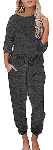 Ekouaer Damen Schlafanzug Lang Zweiteiler Hausanzug | Rundhals mit „X“-Nähte, Ärmel- und Beinabschlüsse, Brusttasche, Taschen & Kordelzug; garngefärbter Stoff, Micro-Fleece