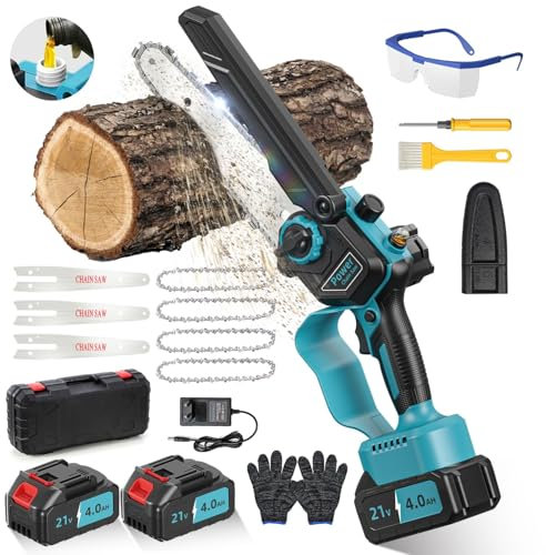 Mini Chainsaw, 8000mAh 6 Inch Mini Chainsaw Cordless Compatible with Makita Batteries, Automatic Lubricator 1000W Battery Chainsaws, Brushless Small Electric Chain Saw with 4 Chains for Cut Wood Tree