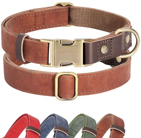 Didog Weich gepolstertes Lederhalsband für mittelgroße Hunde, klassisches Hundehalsband mit Metall-Schnellverschluss, verstellbar, mittelgroß, Kunstleder, Braun, M