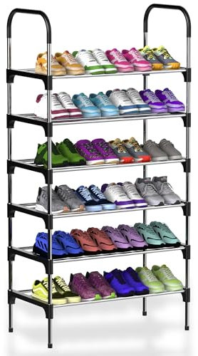 ZENO Shoe Rack | Shoe Storage | Shoe Racks Storage | Shoe Organiser | Shoes Storage | Easy To Assemble Shoe Rack | Metal Shoe Storage | Black & Silver | 6 Tier