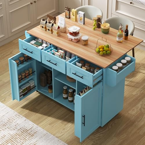DRIXNO Kücheninsel Freistehend mit Klappbarer Arbeitsplatte Küchenschrank Küchenwagen auf 5 Rollen, mit Ablage und 3 Schubladen, Blau Für Esszimmer 139x46(71) x91,5 cm