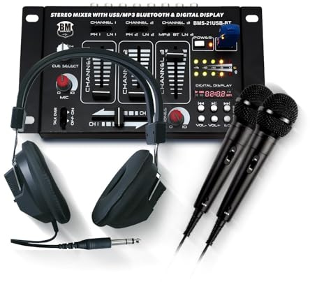 BM Bmsonic BMS-21USB-BT 4-Wege-DJ-Mixer, 1 PHONO/LINE, 1 PHONO/USB, 1 CD, Kopfhörer, Mikrofone enthalten