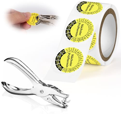 100 Stück Prüfplaketten 20MM 1 Lochzange Prüfplakettenzange Rundloch 3MM Satz Nächster Prüftermin 2025-2030 Selbstklebend Locher Einzelloch Prüfaufkleber Gelb Lochzange für Prüfplaketten