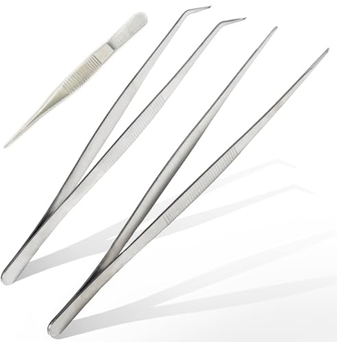Pinzette piegate smussate, in acciaio inox da 25 cm, professionali, antiscivolo, lunghe e dritte, 2 pinzette angolate per animali acquatici, coralli, artigianato con 1 pinzetta dritta da 125 mm