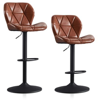 TUKAILAI Barhocker 2er Set aus Kunstleder, Barstuhl Höhenverstellbar，Gepolsterter Drehhocker Tresenhocker, Küchenhocker mit Rückenlehne Fußstütze Metallrahmen, Hocker Drehbar für Küchen Bars, Braun