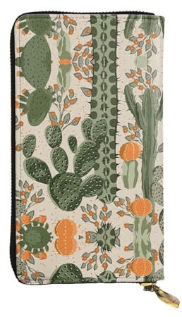 Lange Clutch-Geldbörse aus Leder mit grünem Kaktus-Druck, modisch, personalisierbar, mehrere Kartenfächer, bereit zum Verschenken, Schwarz, Einheitsgröße, Schwarz, One Size