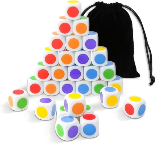 QUTHZZHY 30 PCS Farbwürfel mit Punkten, Bunte Würfel Set, Farbpunkte Farbwürfel 6 Farben, 16 MM Würfel mit Punkten, für Klassenzimmerspiele, zum Unterrichten von Primär- und Sekundärfarben
