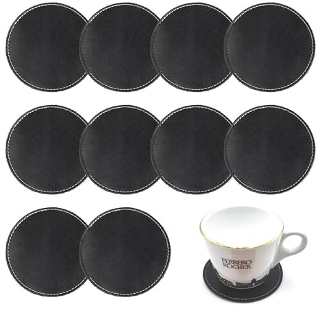 Untersetzer, 10er Set 10cm Getränkeuntersetzer, Gläser Leder Glasuntersetzer Rund Glasuntersetzer Schwarz rutschfest Tassenuntersetzer für Getränke Bar Kaffee Tassen