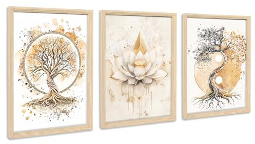3 Pcs Lebensbaum Yin Yang Leinwand Bilder Mit Rahmen Malerei Poster Zen Buddhismus Beige Lotusblume Baum Bild Wandbilder Wohnzimmer Schlafzimmer Badezimmer Wanddeko 30x40cm x3pcs (Kein Plexiglas)