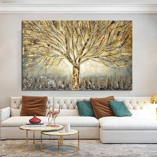 Goldenes Ölgemälde mit Lebensbaum, Poster und Drucke auf Leinwand, abstrakte Kunst, Bilder, moderne Wandkunst für die Dekoration des Wohnzimmers zu Hause, 70 x 140 cm, Rahmen