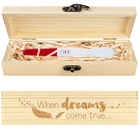 CHGCRAFT Schwangerschaftstest Geschenkbox Feder Holz Schwangerschaft Ankündigung Geschenke Box mit Raffia Ribbon und Schloss Ankündigung Geschenke für Papa Ehemann, 20×5×3cm