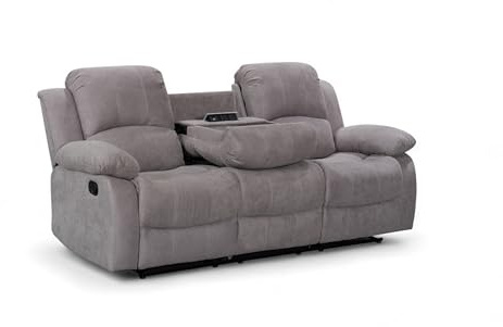 Valencia Light Grey Fabric 3 Seater Recliner Sofa | 2 Seater & Drop Table Option | Manual Lever, Electric Sockets/USB Port & Cupholders | Durable, Elegant Upholstery | 3 Positions & 160° Recline