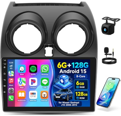 OiLiehu 6G+128G 8-Core Android 15 Car Stereo for Nissan Qashqai J10 2006-2013 with Wireless CarPlay Android Auto, 9'' Touchscreen with WiFi GPS Mirror Link Bluetooth FM RDS DSP EQ SWC Backup Camera