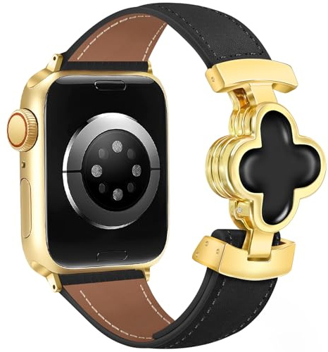 MOINSPIRE Magnetic Leather Bands Women for Apple Watch Lucky Four-Leaf Clover Cute Dressy Slim Designer Watch Bands Compatible with iwatch Series 11/10/9/8/7/6/5/4/3/2/1 SE 1/2/3 Ultra 1/2/3