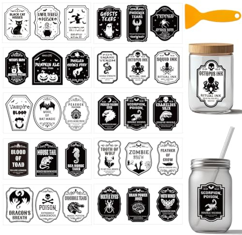arricraft 10 Sheets Apothecary Label Theme UV DTF Cup Wrap Stickers | 24x11cm Rub on Transfers for Crafts Waterproof Rub on Decals for 16 oz Glass Cups Mug Tumbler Window Home Decoration