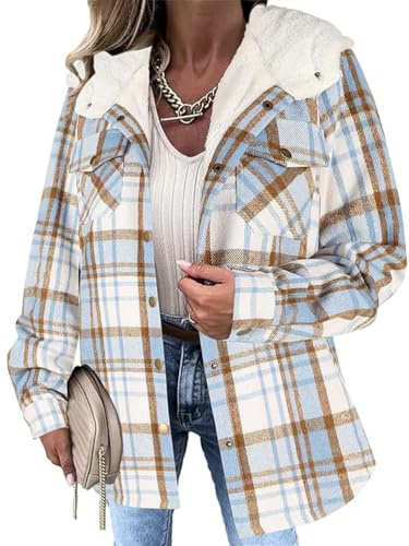 seiveini Veste Hiver Femme Polaire à Capuche Blouson Chemise Carreaux Doublée Chaude Gilet Fleece Surchemise Vintage Jacket