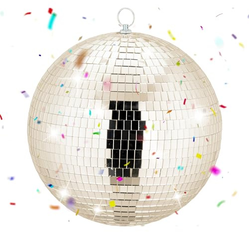 Relaxdays Discokugel, Ø 25 cm, Deko Spiegelkugel zum Aufhängen, Partykugel mit Metallöse, Discoball Party, Champagner