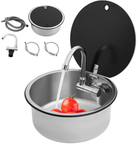 Évier en acier inoxydable Ø 34 cm rond, RV Camping-car Éviers de cuisine Évier encastré en acier inoxydable avec robinet à clapet et raccord de tuyau de vidange, évier de camping pour cuisine, salle