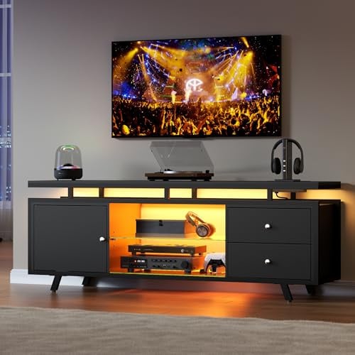 Gyfimoie TV Schrank für 65-Fernseher, LED-beleuchtetes Lowboard mit Steckdose und Schubladen und Schränken, TV Board mit Glasböden, fernsehschrank für Wohnzimmer, Schlafzimmer (Schwarz)