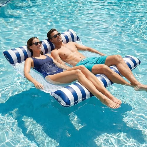 Bouee Piscine, Matelas Hamac Adulte Gonflable Matelas Filet Hamac Piscine Accessoire pour 2 Personnes pour Plage Vacances Partie 132 x 130 Bleu