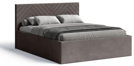 Meblofun Polsterbett ABETE mit Kopfteil, 180x200 cm, Doppelbett mit Bettkasten und Lattenrost aus Holz, Velourstoff, Farbe: Braun