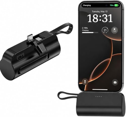 Nano Power Bank, Mini Portable Charger with Built-In USB C 5000mAh Battery Pack Fast Charging Pocket Size compatible for iPhone, for Samsung Galaxy, for Earbuds and for other devices