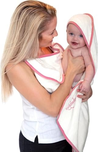 Cuddledry Hands Free Baby Bath Towel | Luxuriously Soft Bamboo & Cotton Hooded Baby Towel | Apron Towel for Safe Babies Bathtime | Perfect Newborn Gift | Pink Edging