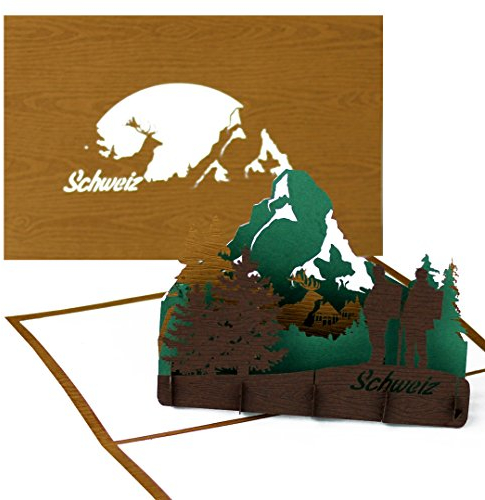 3D Pop Up Karte Schweiz (Holz) - „Schweizer Alpen – Matterhorn“ - Grußkarte als Souvenir, Reisegutschein und Einladung zum Wandern, Klettern & Bergsteigen