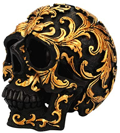 VOSAREA Resina Cranio Statuetta Decorativa Cranio Scultura Statua Casa Halloween Decorazione Ornamento (Nero e Dorato Carving)