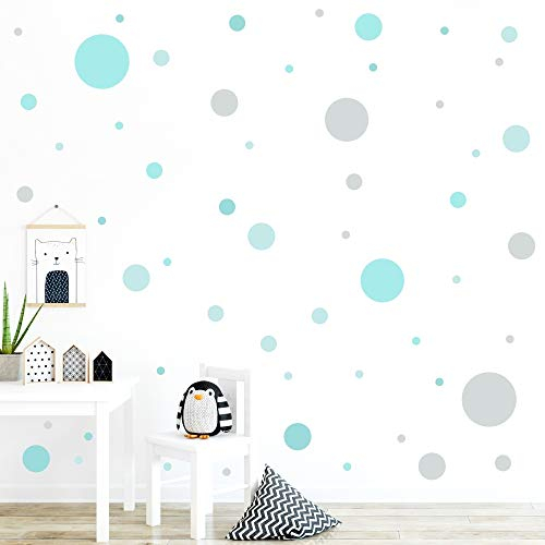 malango® 78 Wandsticker Punkte Kinderzimmer Wandtattoo Kreise Set Wanddekoration Wanddeko Mädchen Jungen Kids Klebepunkte bunt selbstklebend grau-blasstürkis-eisgrün