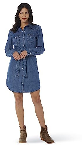 Wrangler Retro Long Sleeve Western Denim Snap Dress Robe dcontracte, Taille L Femme