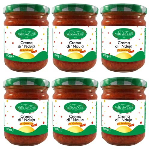 Valle del Crati Crème Nduja | Crème à tartiner épicée | Nduja calabrais au piment | Idéal pour les pâtes, pizzas, recettes salées, bruschetta, pain | Pot de 180 grammes