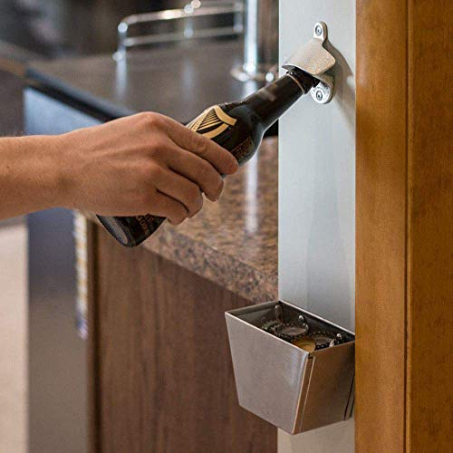 HaavPoois Cap Catcher, Bottle Cap Box, Wall Mounted Bottle Cap Holder, Stainless Steel Beer Bottle Opener and Bottle Cap Catcher Set, for Bar and Kitchen Wall Bottle Opener