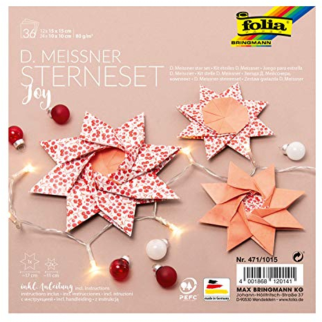 folia 471/1015 - D. Meissner Sterne Set Joy, Faltsterne Bastelset mit 36 Blatt (80 g/m²), für einen großen und 2 kleine Sterne, mit Anleitung, zur zeitlosen Dekoration