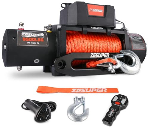 ZESUPER Treuil électrique d'une capacité de charge de 4 309 kg, 12 V étanche IP68 avec télécommandes portables sans fil, interrupteur filaire, guide-câble Hawse, treuils à corde synthétique de 24,4 m