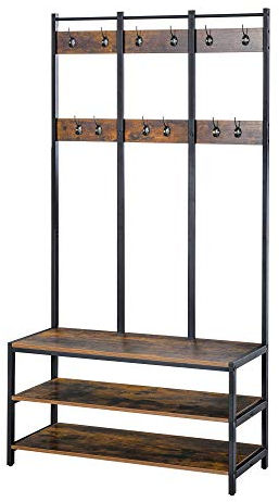 HOMCOM Coat Rack Stand, Free Standing Hall Tree, Coat Stand with Hooks, Bench and Shoe Rack, 100cm x 38.5cm x 185.5cm, Industrial Style, Rustic Brown and Black