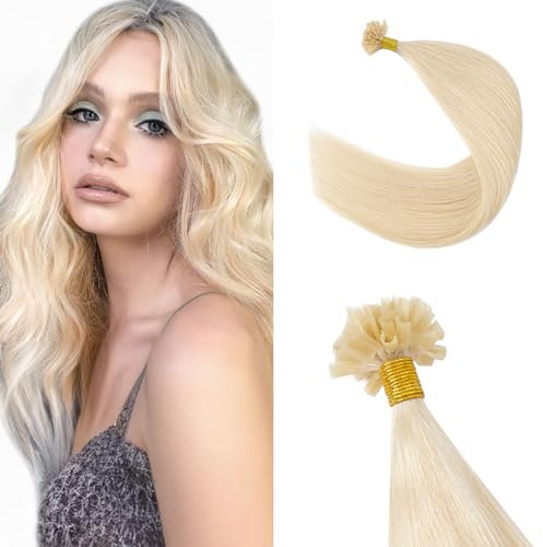Silk-co U tip Pre Bonded Human Hair Extensions #60 Platinum Blonde 14inch 50 Strands 100% Remy Keratin Nail Tip Straight 0.8g/S