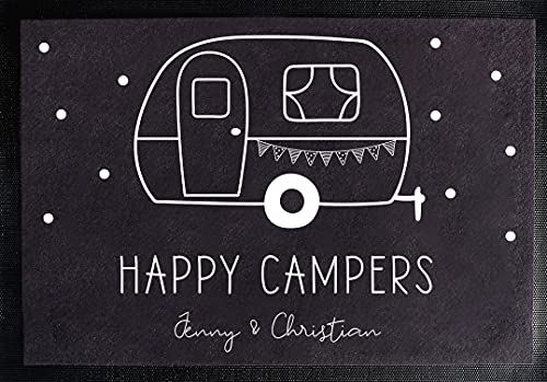 Camping-Fußmatte personalisiert mit Spruch und Verschiedene Motive. Deine Wahl lustige Camper Türvorleger rutschfest & waschbar schwarz 35x50cm (Happy Campers (personalisiert))