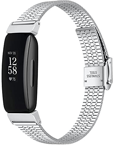 Miimall Kompatibel mit Fitbit Inspire/Inspire 2 Armband, Metall Edelstahl Ersatz Armbänd mit Doppelt Verriegelte Uhrenarmband für Fitbit Inspire - Silber