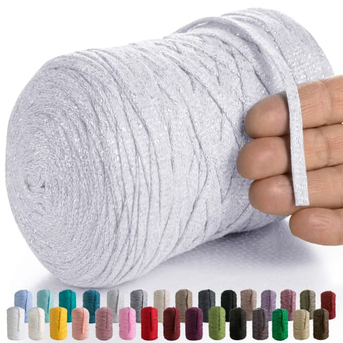 MeriWoolArt® Makramee Textilgarn zum Häkeln und Stricken - DIY glitzern flache T-Shirt Band Garn Dicke 10 mm, 125 m - Recyceltes Baumwollgarn mit Lurex, Viscose (Lurex Weiß)