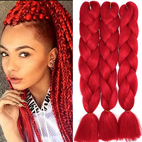 Braids Extensions Rot Kunsthaar zum Einflechten 3PCS Braiding Hair | 60cm 300g Jumbo Braids Flechthaar Extensions Synthetik Haare zum Einflechten für Afro Box Braid Zöpfe Flecht‑Haarverlängerung