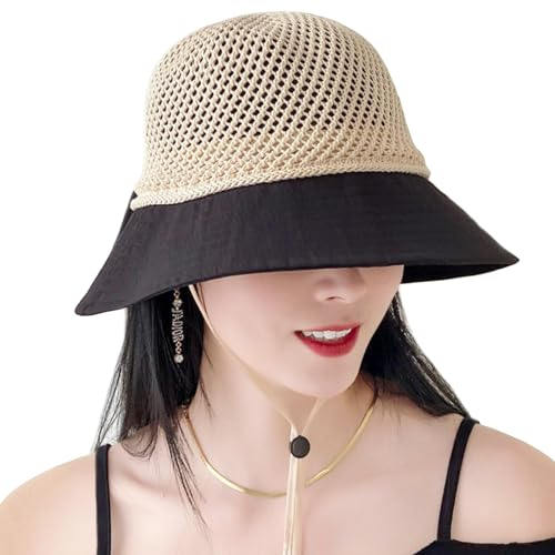 KXF Chapeau de soleil pour femme à large bord en maille pliable avec cordon de menton amovible et nœud pour queue de cheval, chapeau de soleil pour vacances, été, plage, randonnée, ajustement