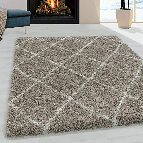 Muratap Teppich Wohnzimmer Skandinavisch - Harmony Soft Shaggy - Hochflor Teppich Rautenmuster Schmutzabweisend und Pflegeleicht Wohnzimmerteppich - Große: 160x230 cm - Farbe: Beige